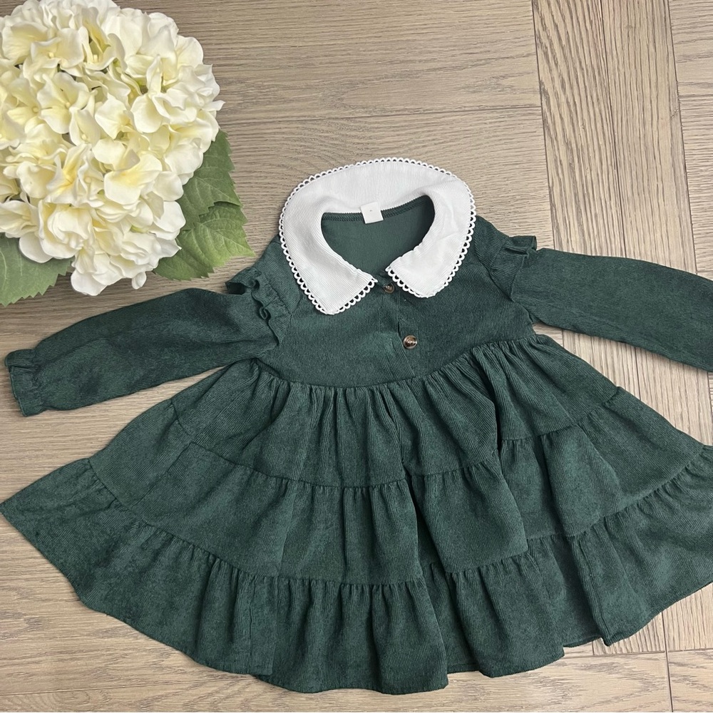 Size 2T Green Corduroy Twirl Dress with Peter Pan Collar